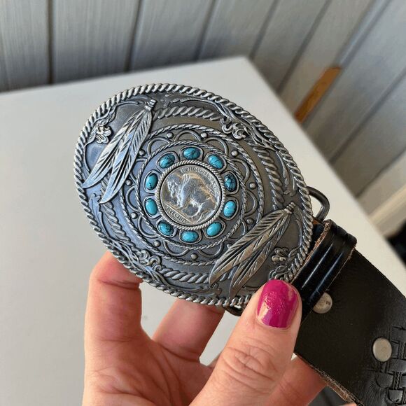 Buffalo Nickel Belt Buckle Turquoise Western Cowboy Rodeo Boho Style - Picture 4 of 6